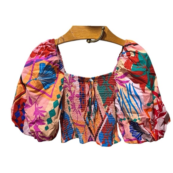 Life Tops - Life Brand Colorful Women's Bohemian Puff Sleeve Crop Top Small